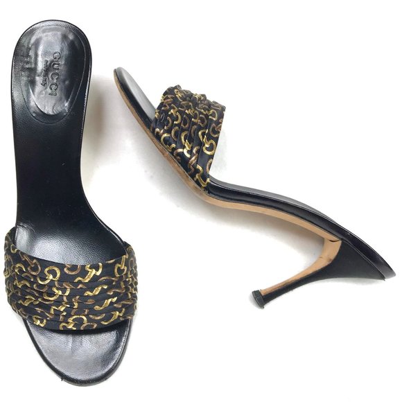 Auc Gucci Horsebit Vintage Print High Heel Mules